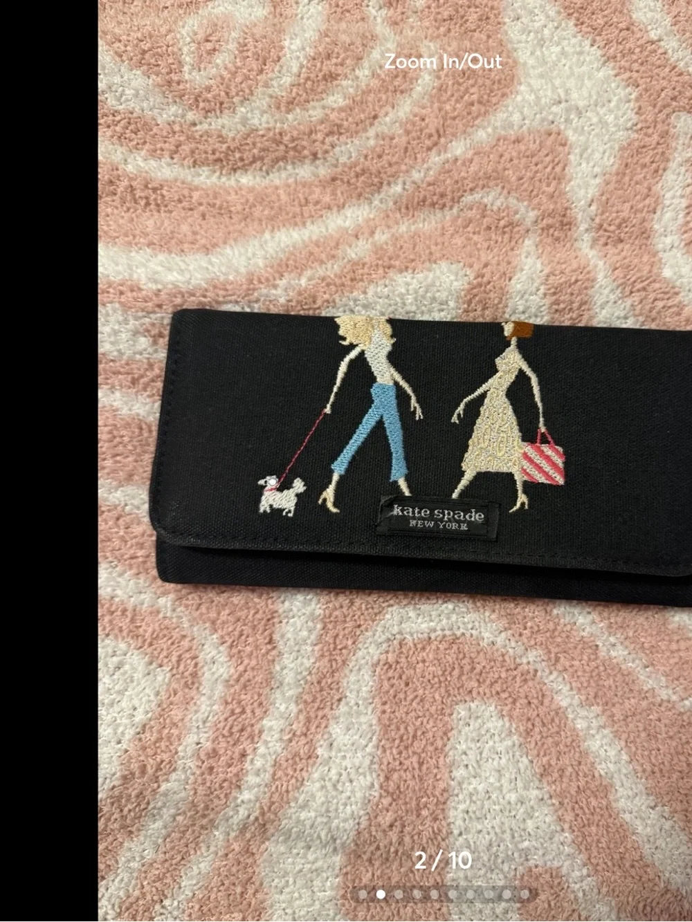 Kate Spade Rare Black Embroidered Women & Dog Card Holder with Pink Striped Tote